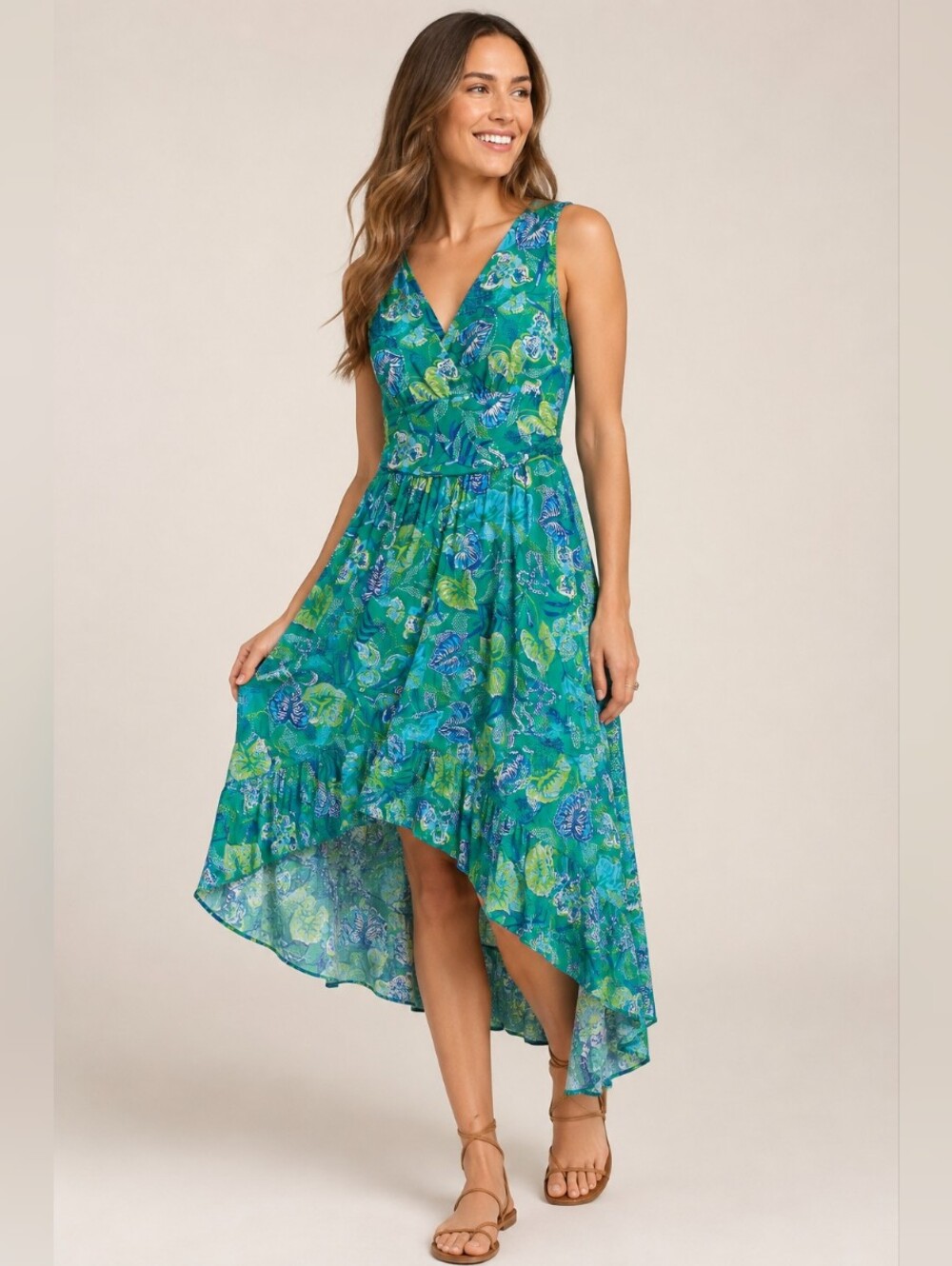 Lilly Pulitzer Green Tropical Floral High Low Maxi Dress Size S